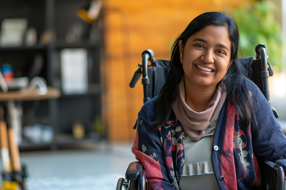 smiling-young-indian-female-wheelchair-home-office-environment 1